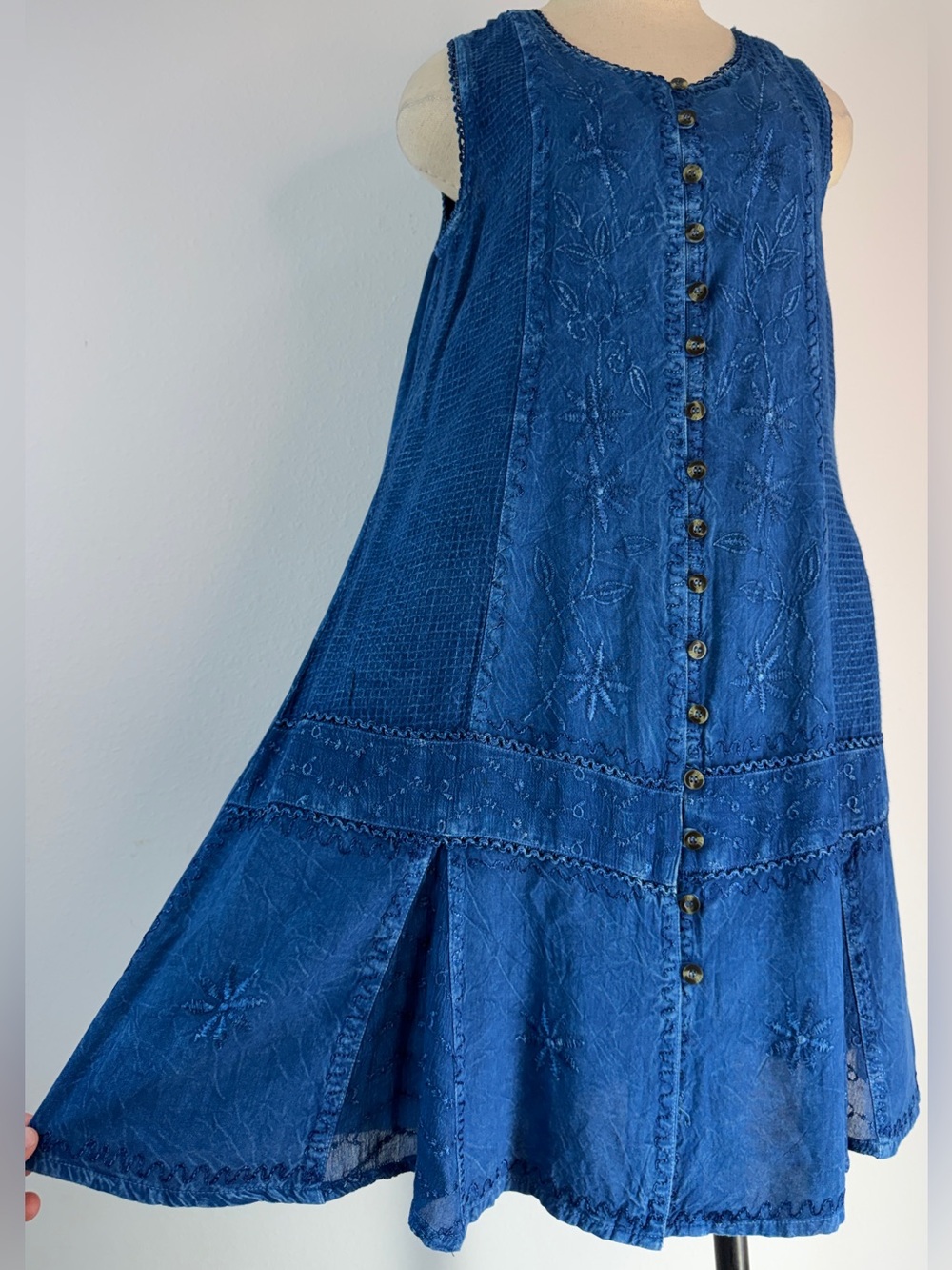 VTG Y2K Raya Sun Indigo Blue Button Front Mini Dress Boho Floral Vest Cottage